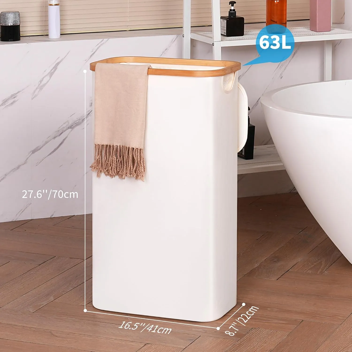 Slim Laundry Basket with Lid, Narrow Laundry Hamper with Removable Bag, Skinny Dirty Clothes Basket with Bamboo Handles for Bathroom, Bedroom & Laundry Room, 63L Beige