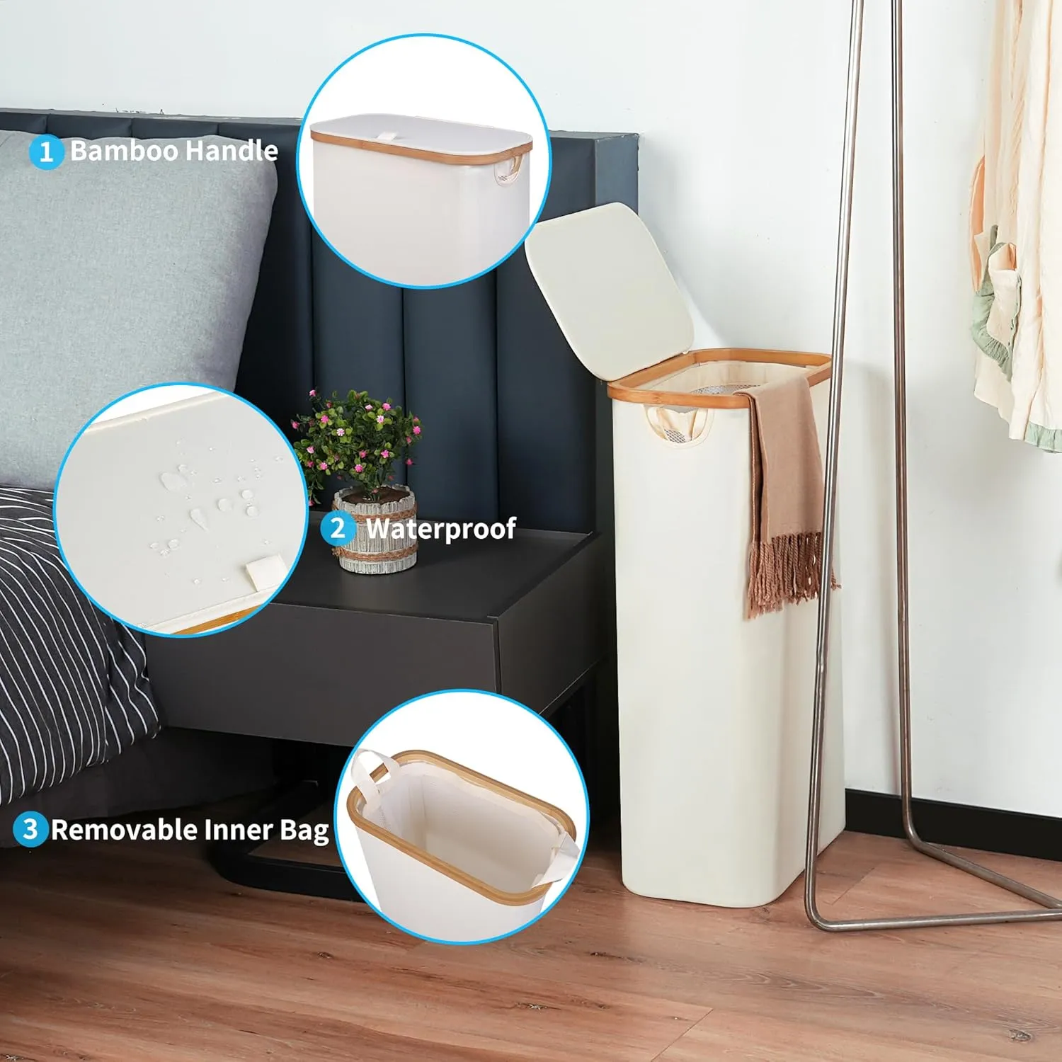 Slim Laundry Basket with Lid, Narrow Laundry Hamper with Removable Bag, Skinny Dirty Clothes Basket with Bamboo Handles for Bathroom, Bedroom & Laundry Room, 63L Beige