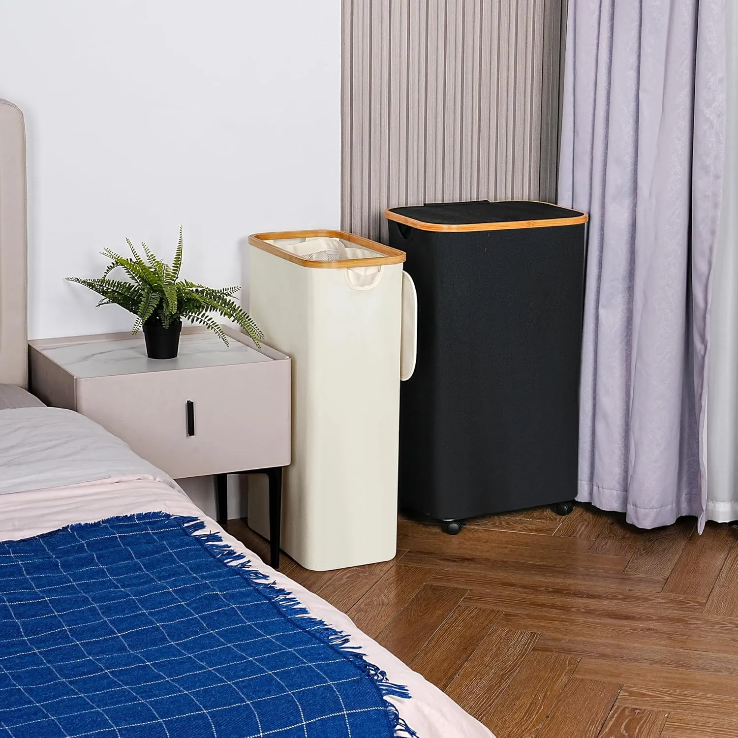Slim Laundry Basket with Lid, Narrow Laundry Hamper with Removable Bag, Skinny Dirty Clothes Basket with Bamboo Handles for Bathroom, Bedroom & Laundry Room, 75L Beige