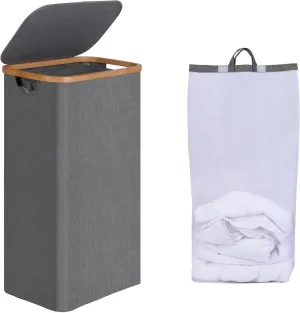 Slim Laundry Basket with Lid, Narrow Laundry Hamper with Removable Bag, Skinny Dirty Clothes Basket with Bamboo Handles for Bathroom, Bedroom & Laundry Room, 75L Grey