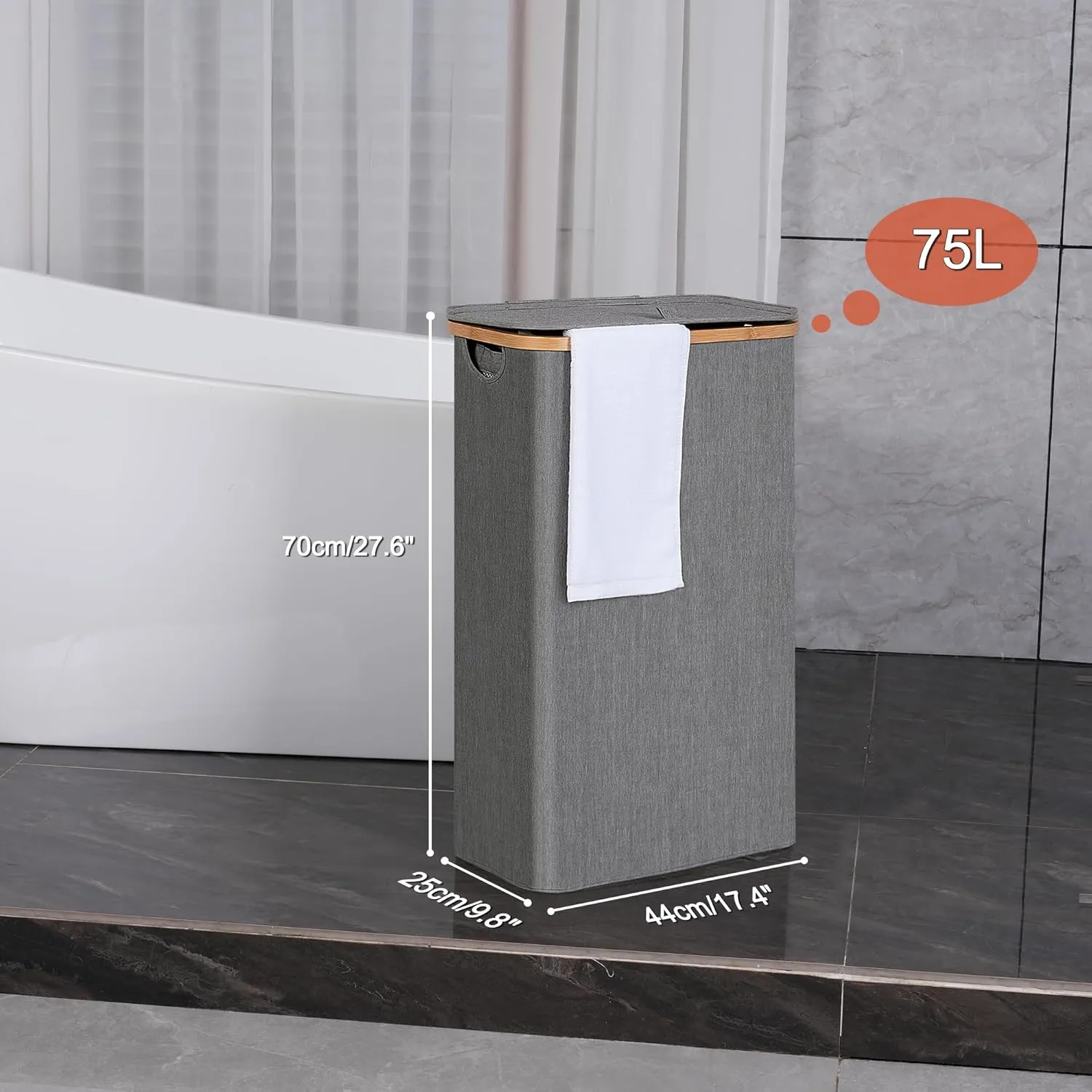 Slim Laundry Basket with Lid, Narrow Laundry Hamper with Removable Bag, Skinny Dirty Clothes Basket with Bamboo Handles for Bathroom, Bedroom & Laundry Room, 75L Grey
