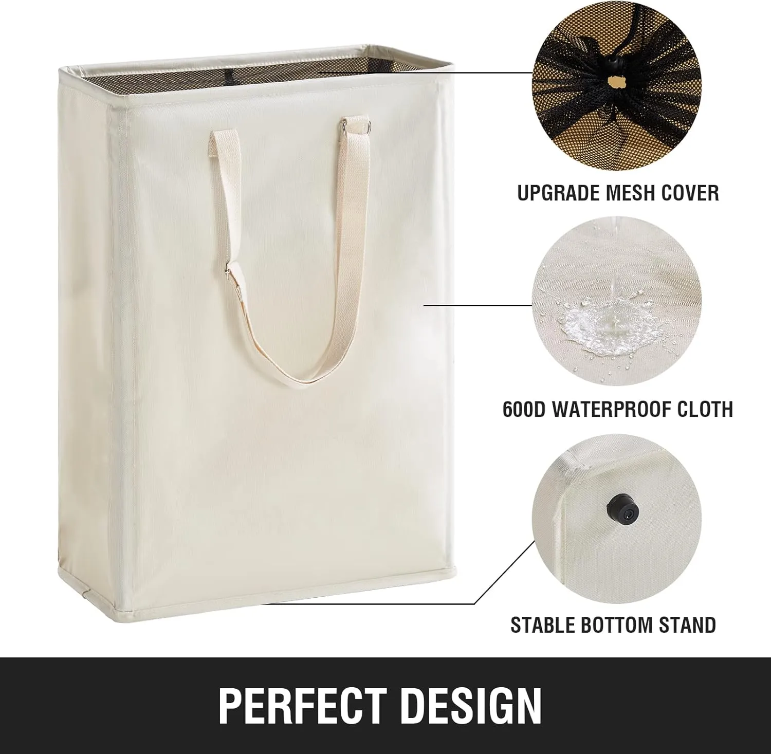 Slim Laundry Hamper with Adjustable Long Handles, 45L Small Laundry Baskets with Mesh Top, Narrow Dirty Clothes Hamper for Bedroom, Closet, and Bathroom - Beige