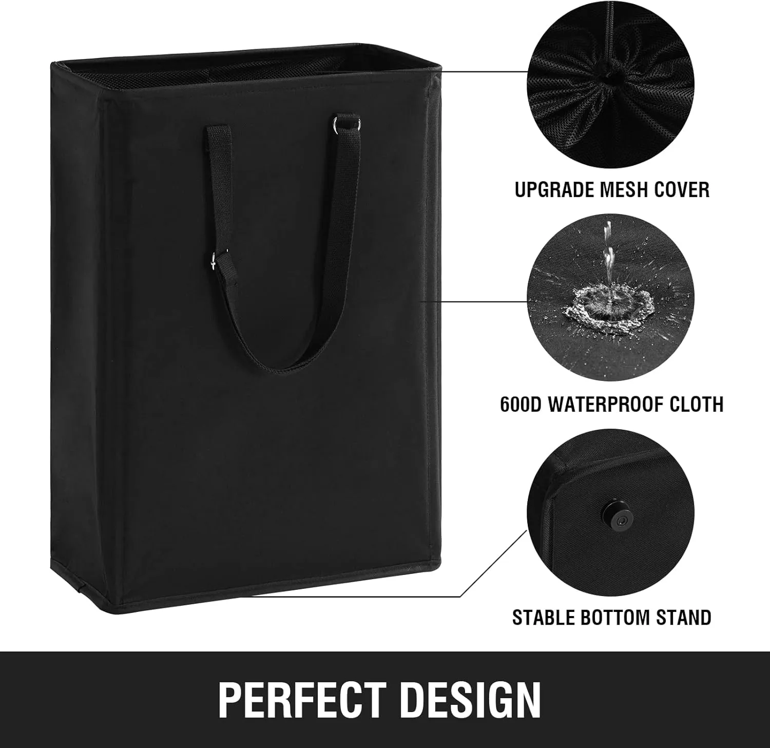 Slim Laundry Hamper with Adjustable Long Handles, 45L Small Laundry Baskets with Mesh Top, Narrow Dirty Clothes Hamper for Bedroom, Closet, and Bathroom - Black