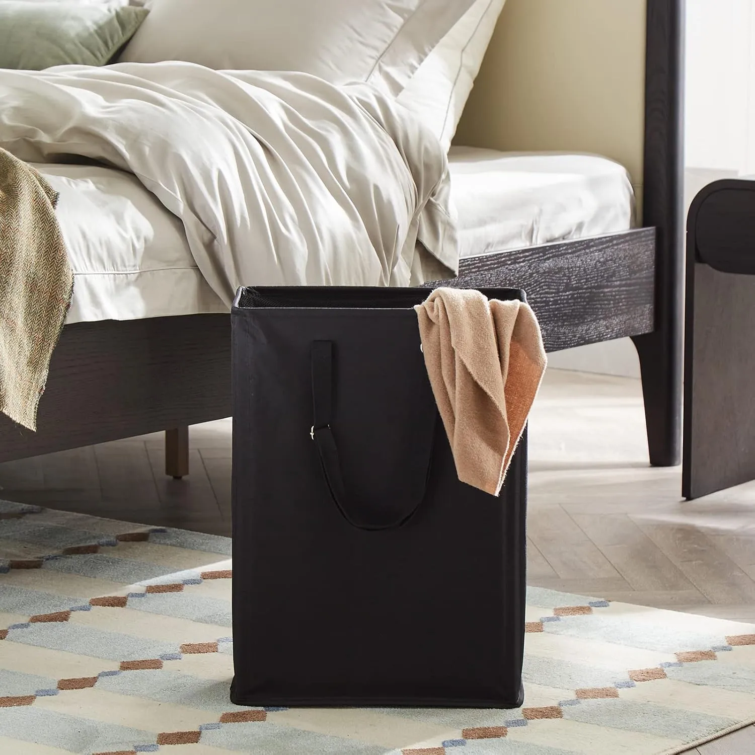 Slim Laundry Hamper with Adjustable Long Handles, 45L Small Laundry Baskets with Mesh Top, Narrow Dirty Clothes Hamper for Bedroom, Closet, and Bathroom - Black