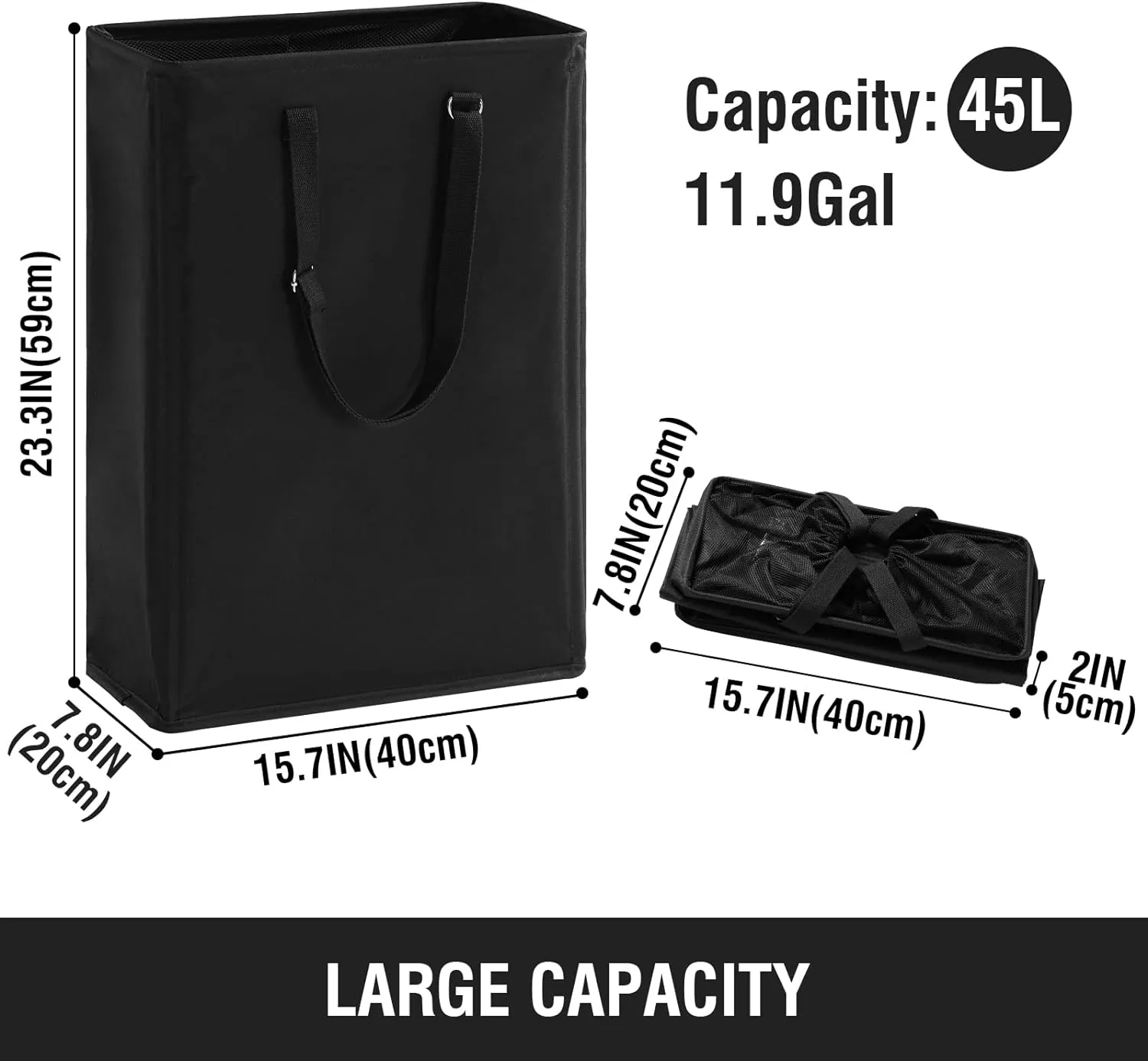 Slim Laundry Hamper with Adjustable Long Handles, 45L Small Laundry Baskets with Mesh Top, Narrow Dirty Clothes Hamper for Bedroom, Closet, and Bathroom - Black
