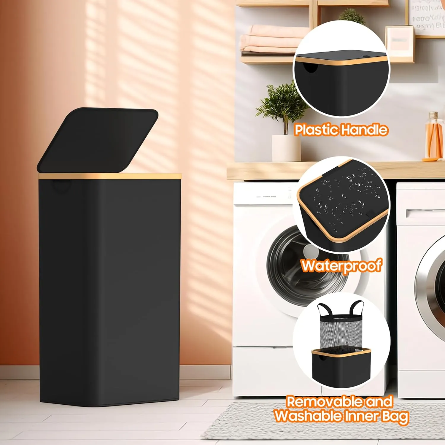 Slim Laundry Hamper with Lid,75L(19.8 Gallon) Black Narrow Laundry Basket with Removable Bag,Stylish Dirty Clothes Basket for Bathroom,Dorm,Bedroom and Laundry Room