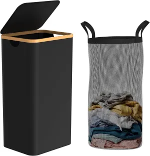 Slim Laundry Hamper with Lid,75L(19.8 Gallon) Black Narrow Laundry Basket with Removable Bag,Stylish Dirty Clothes Basket for Bathroom,Dorm,Bedroom and Laundry Room