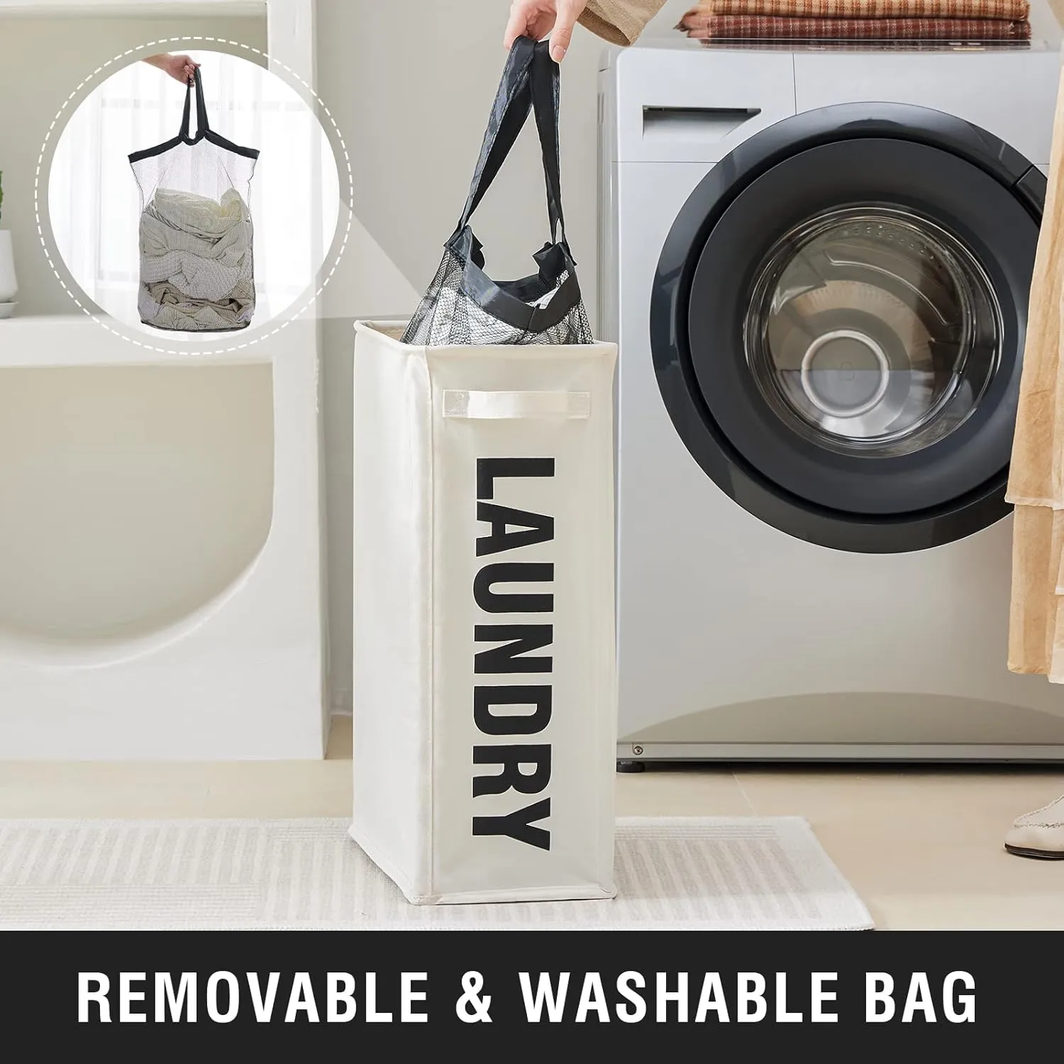 Slim Laundry Hamper with Removable Inner Bag and Side Handles, 45L Small Laundry Baskets to Store Clothes, Narrow Dirty Clothes Hamper for Laundry Room, Bathroom, Bedroom, and Living Room - Beige