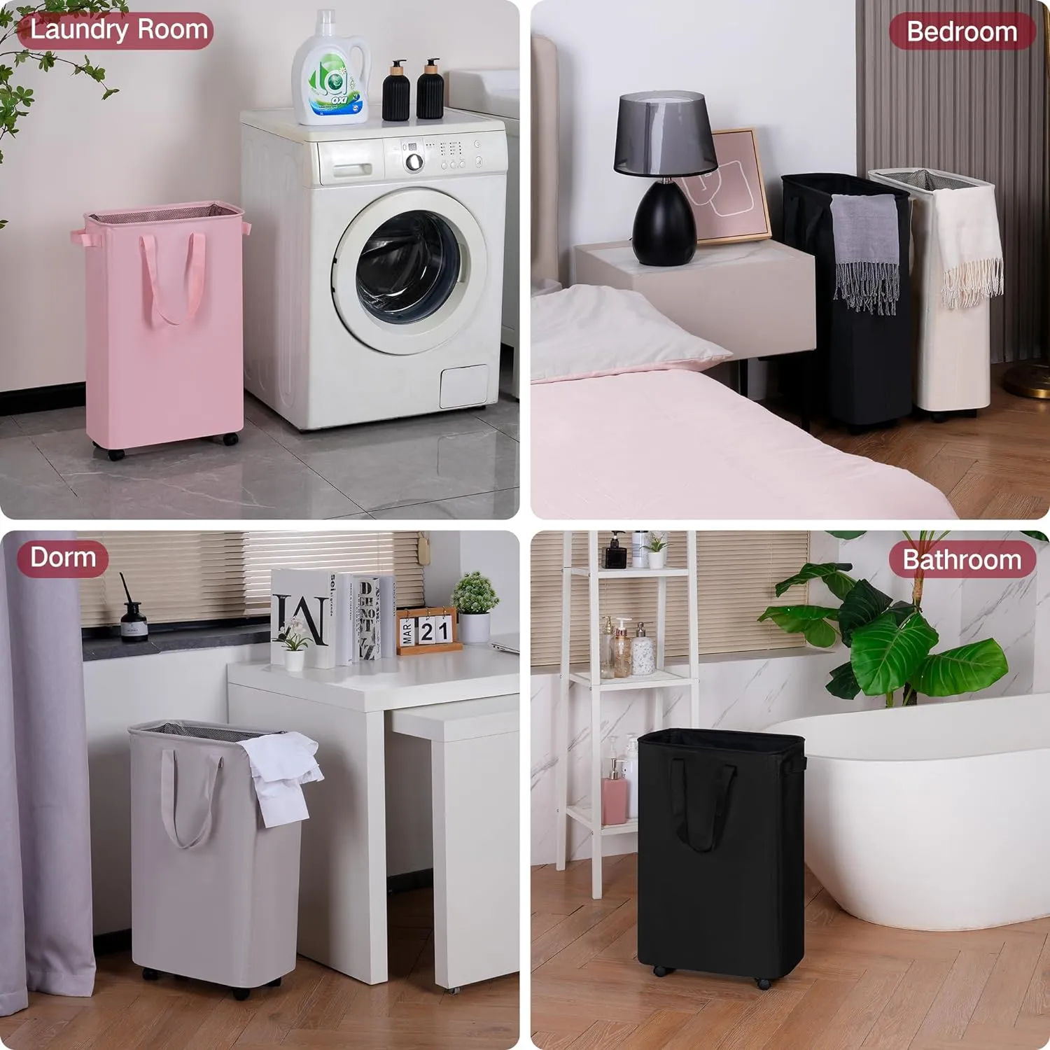 Slim Laundry Hamper with Wheels, Rolling Laundry Basket for Clothes, Small Laundry Basket for Bedroom, Dorm and Laundry Room, 48L (12.7 Gallons) Grey