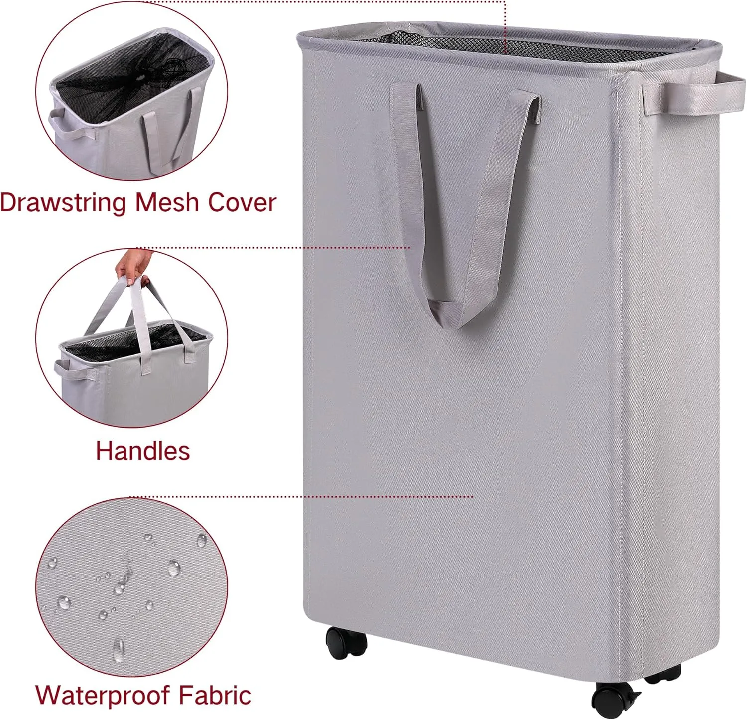 Slim Laundry Hamper with Wheels, Rolling Laundry Basket for Clothes, Small Laundry Basket for Bedroom, Dorm and Laundry Room, 48L (12.7 Gallons) Grey