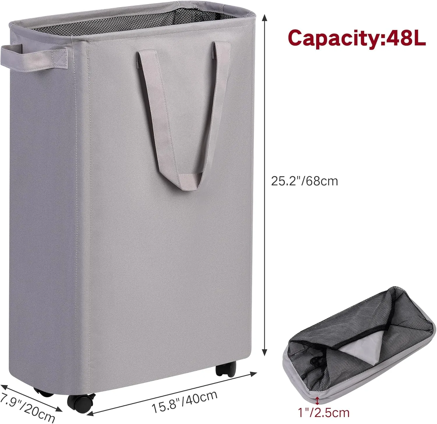 Slim Laundry Hamper with Wheels, Rolling Laundry Basket for Clothes, Small Laundry Basket for Bedroom, Dorm and Laundry Room, 48L (12.7 Gallons) Grey