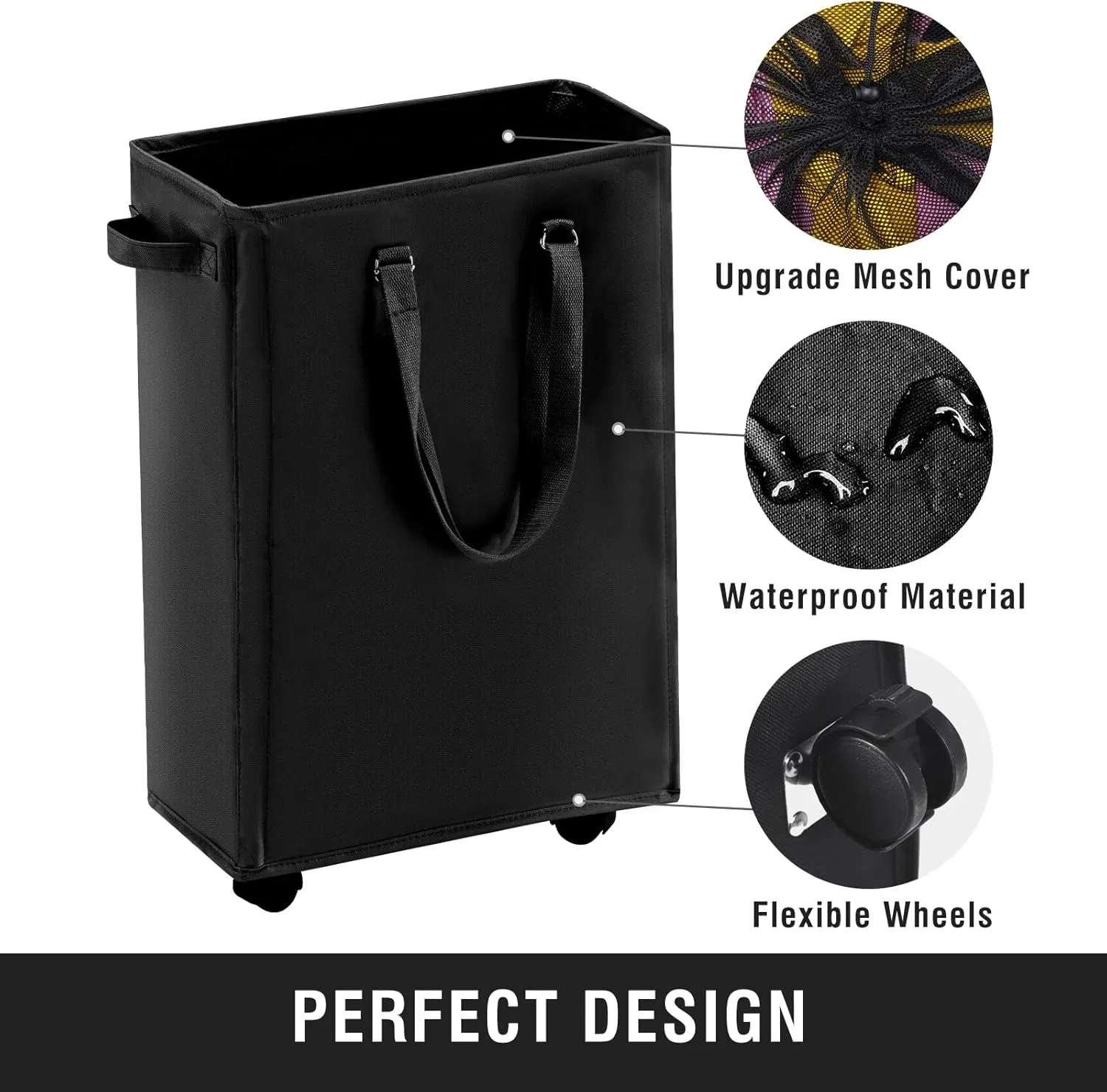Slim Rolling Laundry Basket, Slim Laundry Hamper with Wheels and Adjustable Long Handles, 45L Small Laundry Baskets with Mesh Top, Narrow Dirty Clothes Hamper for Bedroom, Closet, and Bathroom - Black