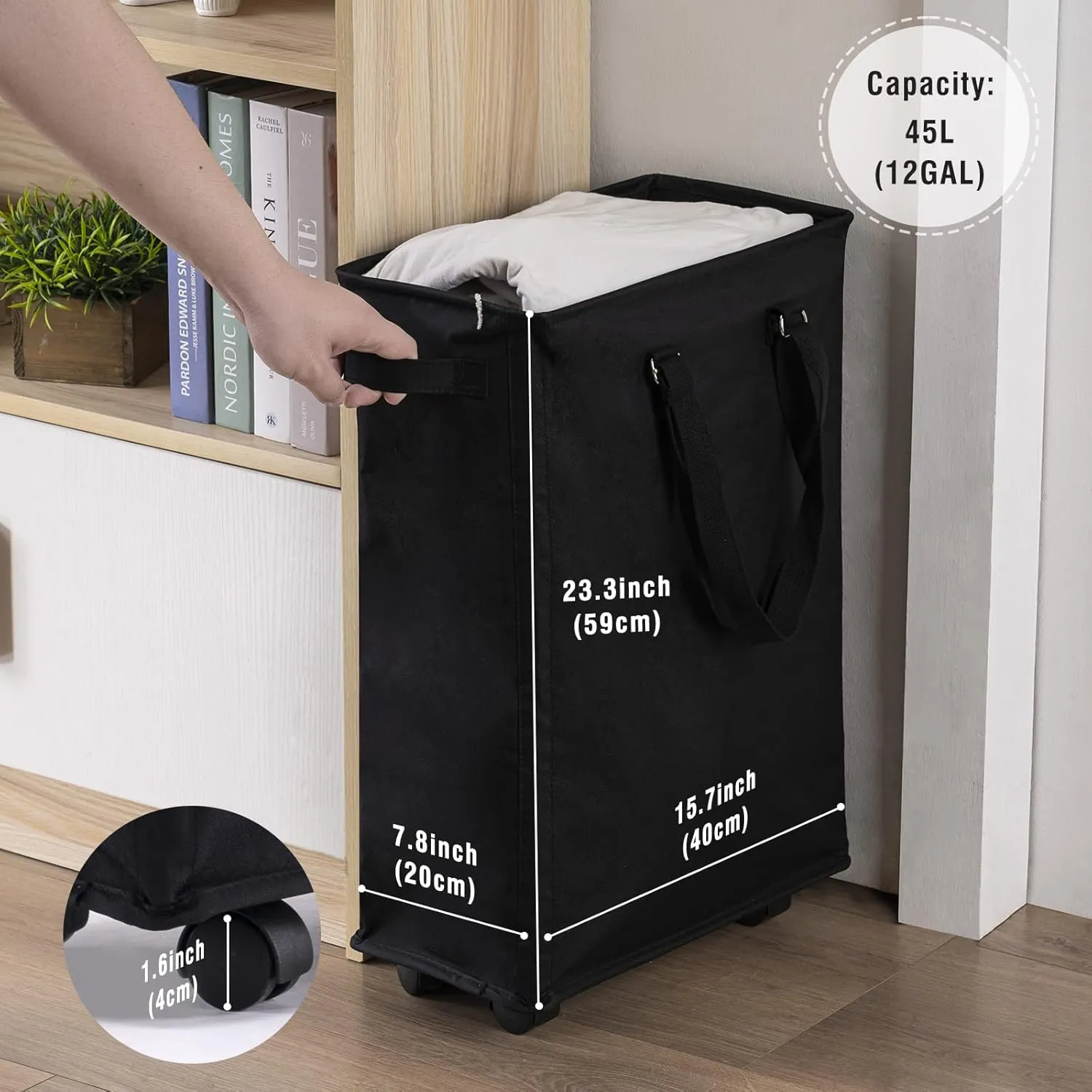 Slim Rolling Laundry Basket, Slim Laundry Hamper with Wheels and Adjustable Long Handles, 45L Small Laundry Baskets with Mesh Top, Narrow Dirty Clothes Hamper for Bedroom, Closet, and Bathroom - Black