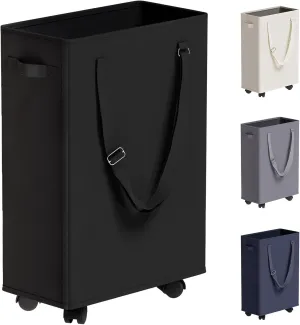 Slim Rolling Laundry Basket, Slim Laundry Hamper with Wheels and Adjustable Long Handles, 45L Small Laundry Baskets with Mesh Top, Narrow Dirty Clothes Hamper for Bedroom, Closet, and Bathroom - Black