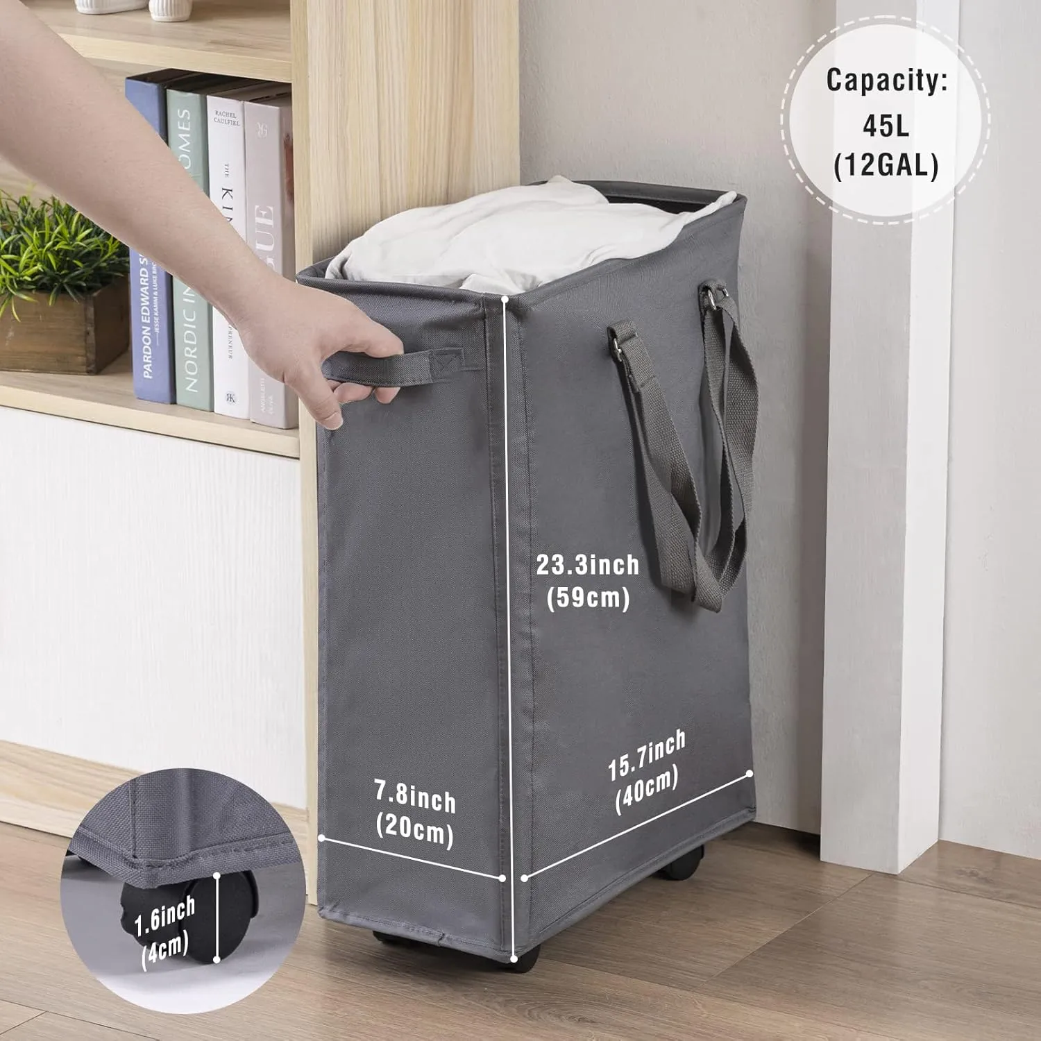 Slim Rolling Laundry Basket, Slim Laundry Hamper with Wheels and Adjustable Long Handles, 45L Small Laundry Baskets with Mesh Top, Narrow Dirty Clothes Hamper for Bedroom, Closet, and Bathroom - Grey