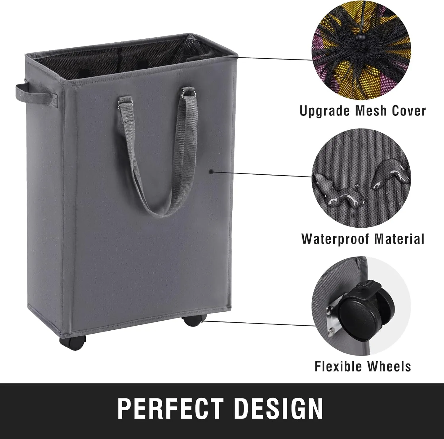 Slim Rolling Laundry Basket, Slim Laundry Hamper with Wheels and Adjustable Long Handles, 45L Small Laundry Baskets with Mesh Top, Narrow Dirty Clothes Hamper for Bedroom, Closet, and Bathroom - Grey