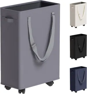 Slim Rolling Laundry Basket, Slim Laundry Hamper with Wheels and Adjustable Long Handles, 45L Small Laundry Baskets with Mesh Top, Narrow Dirty Clothes Hamper for Bedroom, Closet, and Bathroom - Grey