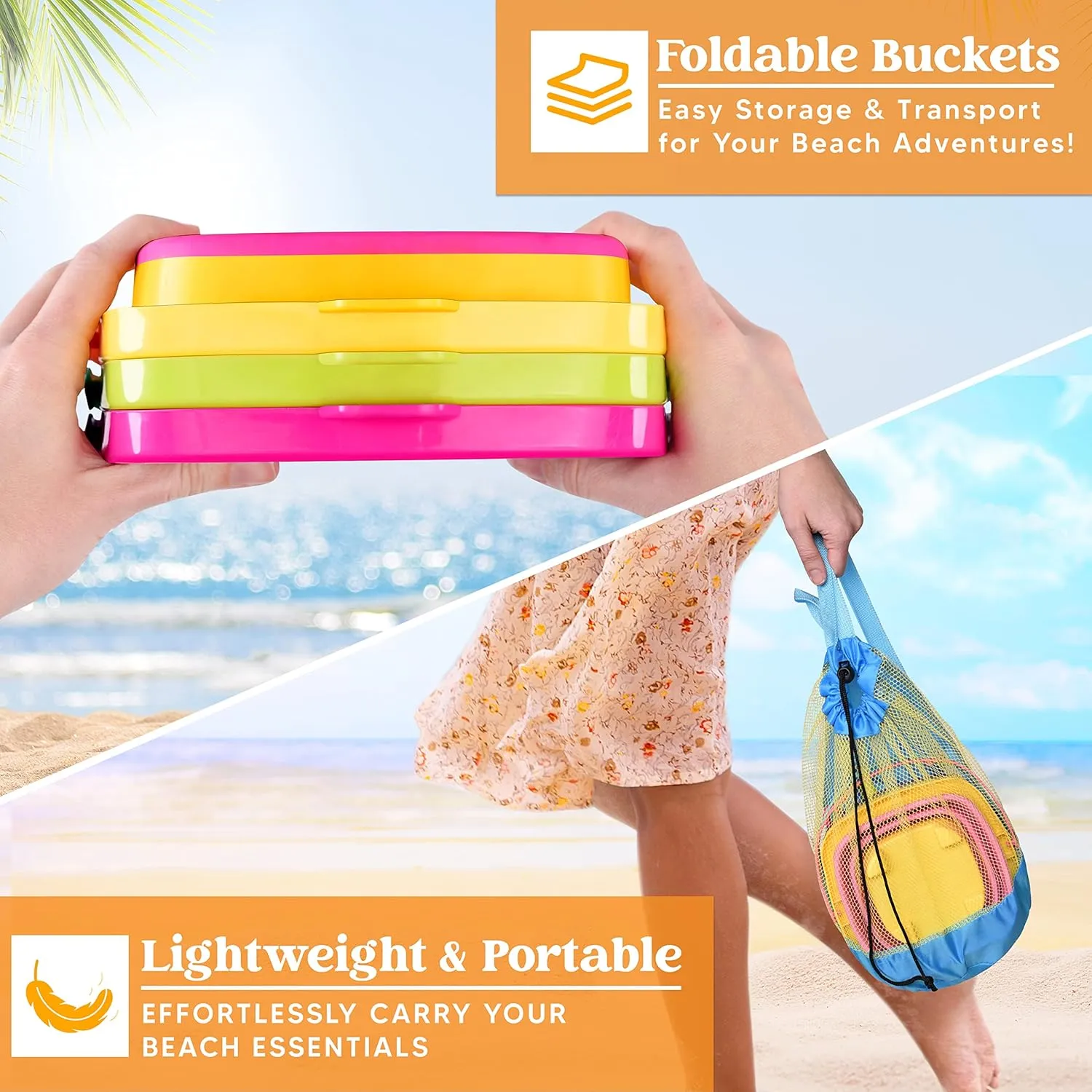 Sloosh 3 Packs Foldable Bucket - Collapsible Bucket with Sand Shovels and Mesh Backpack for Kids Toddlers Beach Toys, Easter Egg Hunt, Camping, Travelling and Fishing Water Pail (Pink/Purple/Green)
