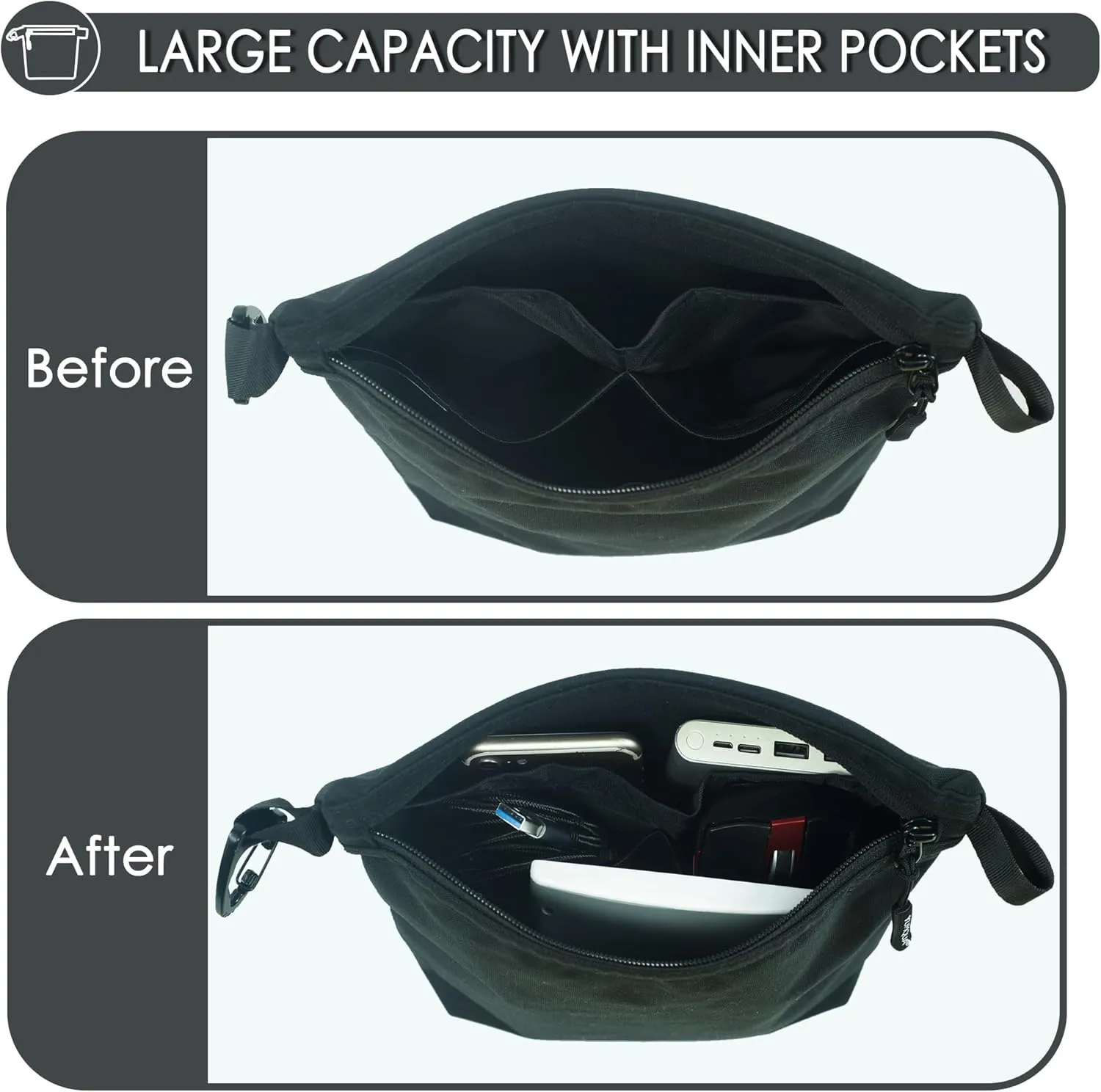 Small Pouch for Travel Essentials, Makeup Pouch Bag with Carabiner Clip on Backpack Dopp Kit Storage Organization for Toiletries, Cosmetics, Tech, Tools, Water Resistant 500D Nylon (Black)