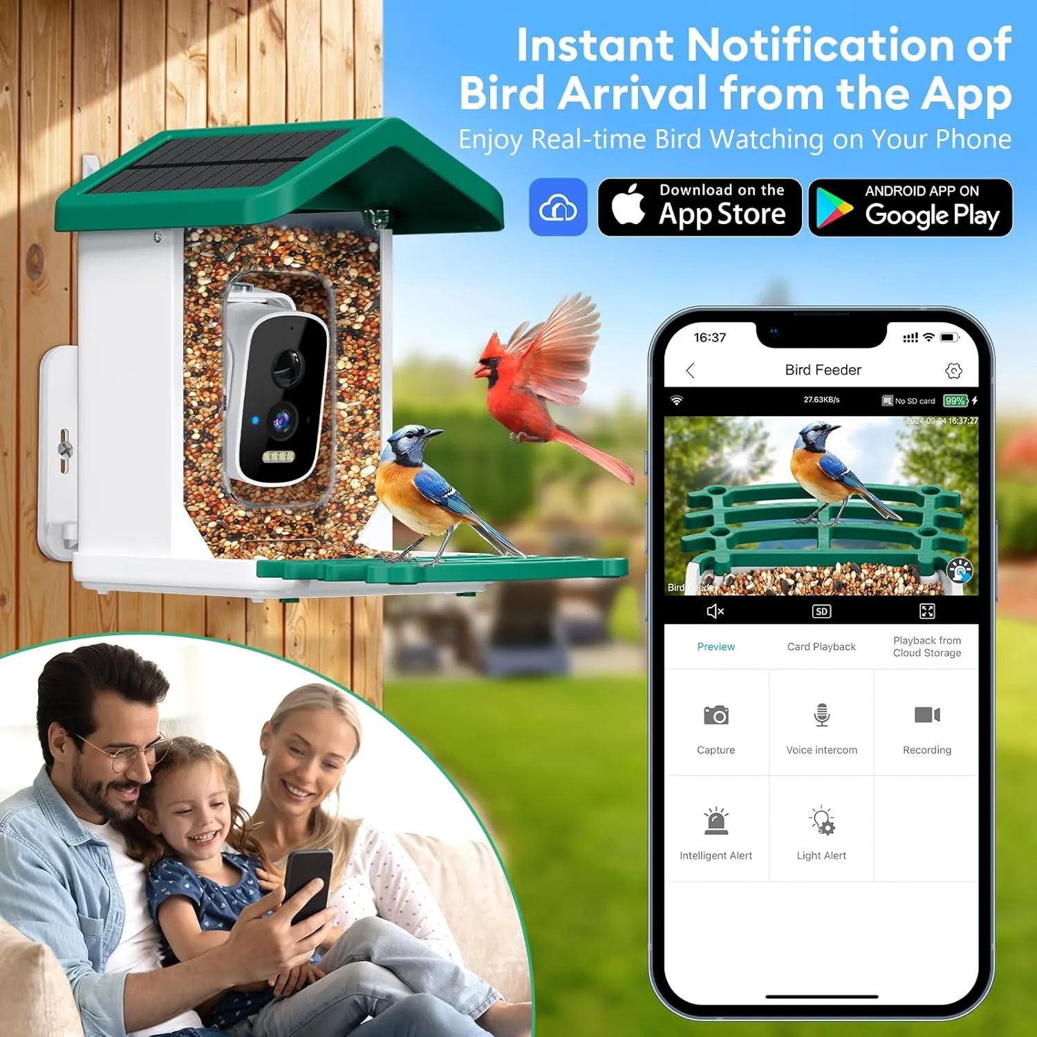 Smart Bird Feeder with Camera Solar Powered, 2.5k HD Video Bird Feeder Auto Capture & AI Identification, Real Time Notifications, Gift for Father, Green