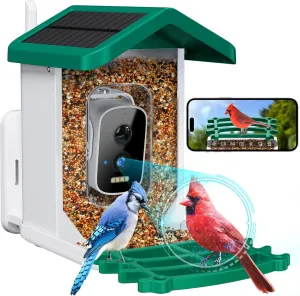 Smart Bird Feeder with Camera Solar Powered, 2.5k HD Video Bird Feeder Auto Capture & AI Identification, Real Time Notifications, Gift for Father, Green