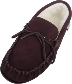 SNUGRUGS Womens Dark Brown Wool Lined Moccasin Slippers with Rubber Sole.