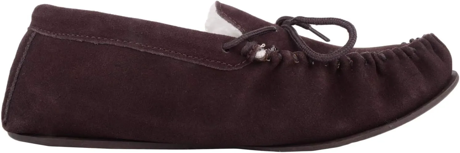SNUGRUGS Womens Dark Brown Wool Lined Moccasin Slippers with Rubber Sole.