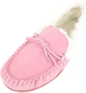 SNUGRUGS Womens Dark Brown Wool Lined Moccasin Slippers with Rubber Sole.