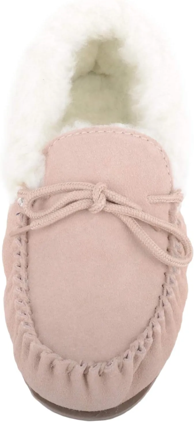 SNUGRUGS Womens Dark Brown Wool Lined Moccasin Slippers with Rubber Sole.