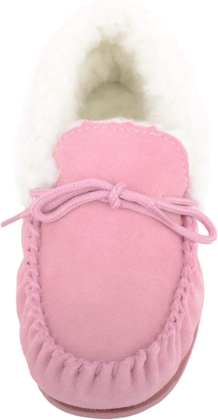 SNUGRUGS Womens Dark Brown Wool Lined Moccasin Slippers with Rubber Sole.