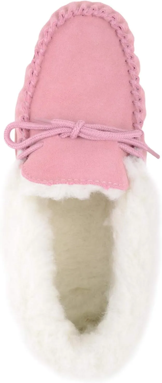 SNUGRUGS Womens Dark Brown Wool Lined Moccasin Slippers with Rubber Sole.