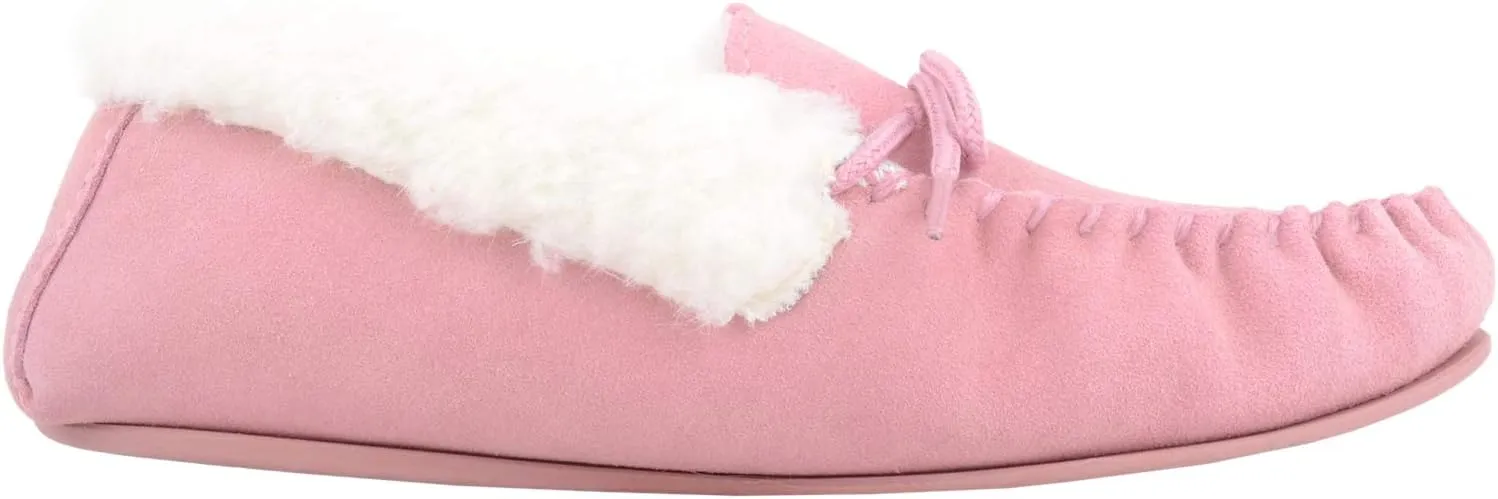 SNUGRUGS Womens Dark Brown Wool Lined Moccasin Slippers with Rubber Sole.