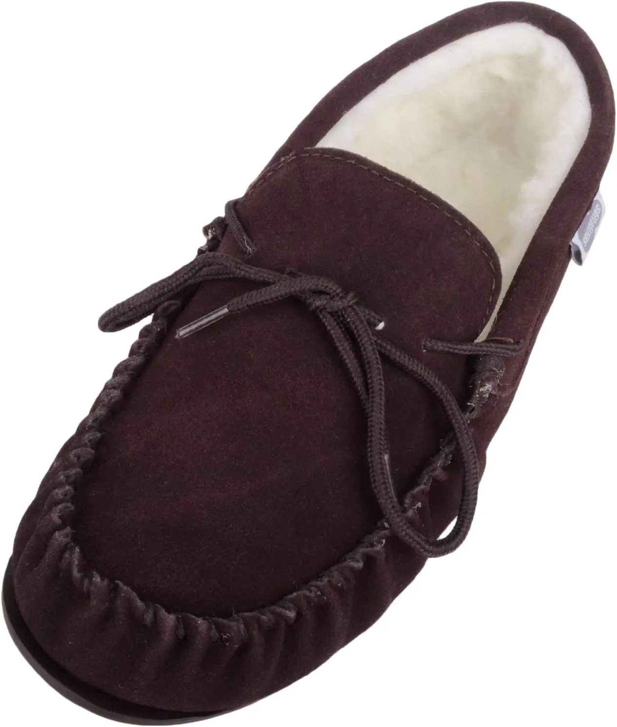 SNUGRUGS Womens Dark Brown Wool Lined Moccasin Slippers with Rubber Sole.