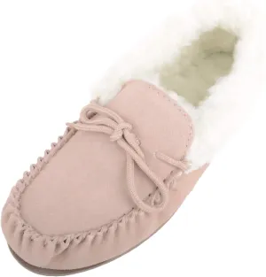 SNUGRUGS Womens Dark Brown Wool Lined Moccasin Slippers with Rubber Sole.