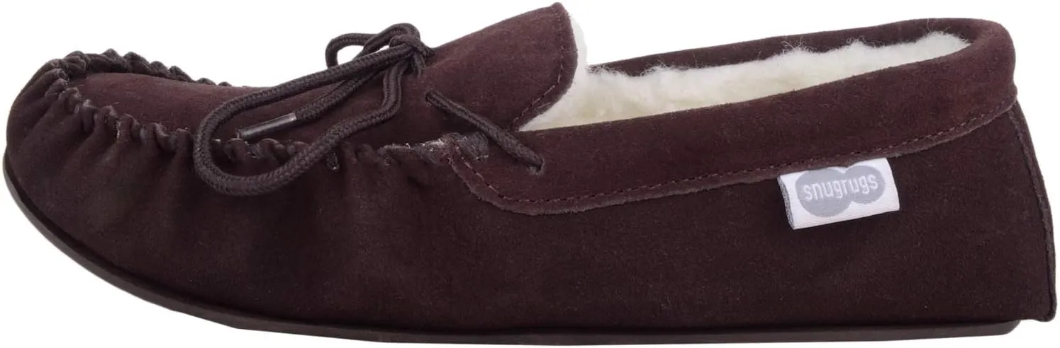 SNUGRUGS Womens Dark Brown Wool Lined Moccasin Slippers with Rubber Sole.