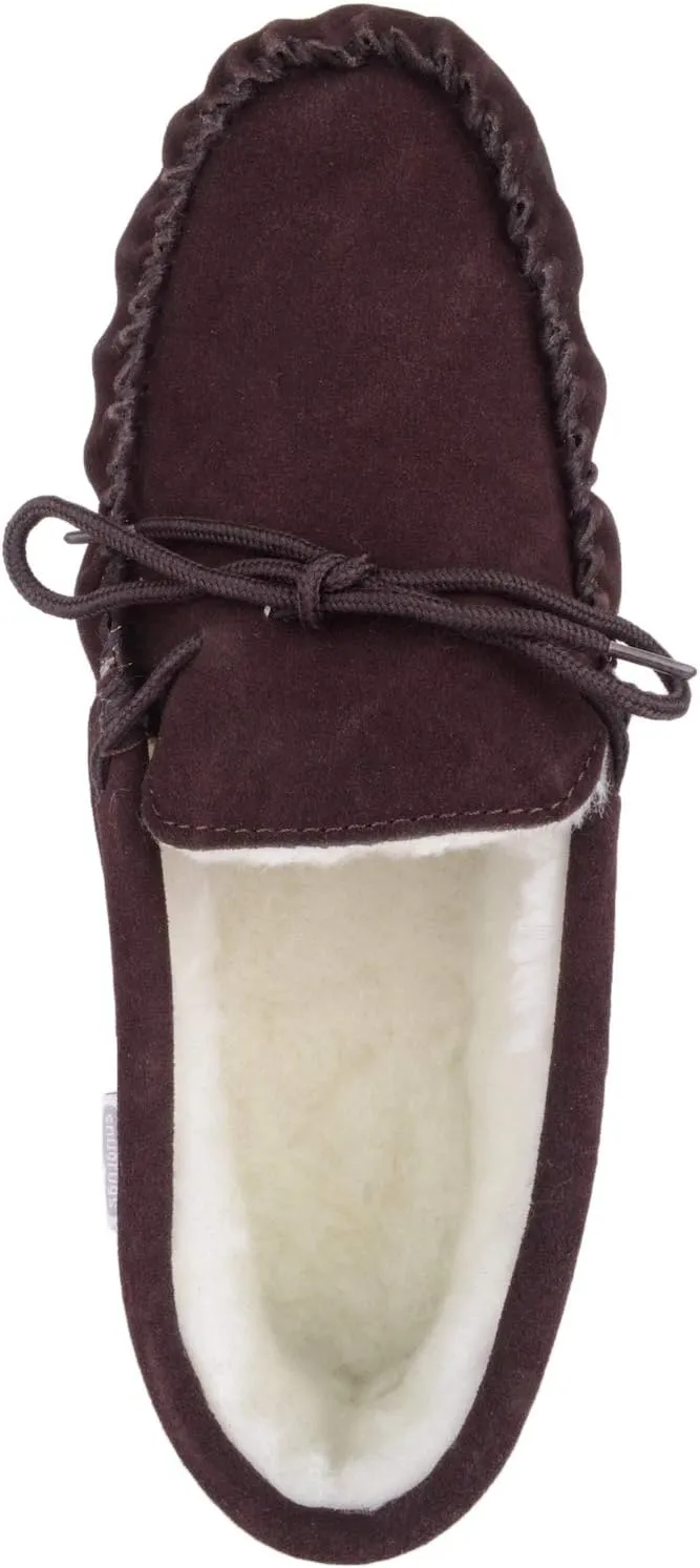 SNUGRUGS Womens Dark Brown Wool Lined Moccasin Slippers with Rubber Sole.
