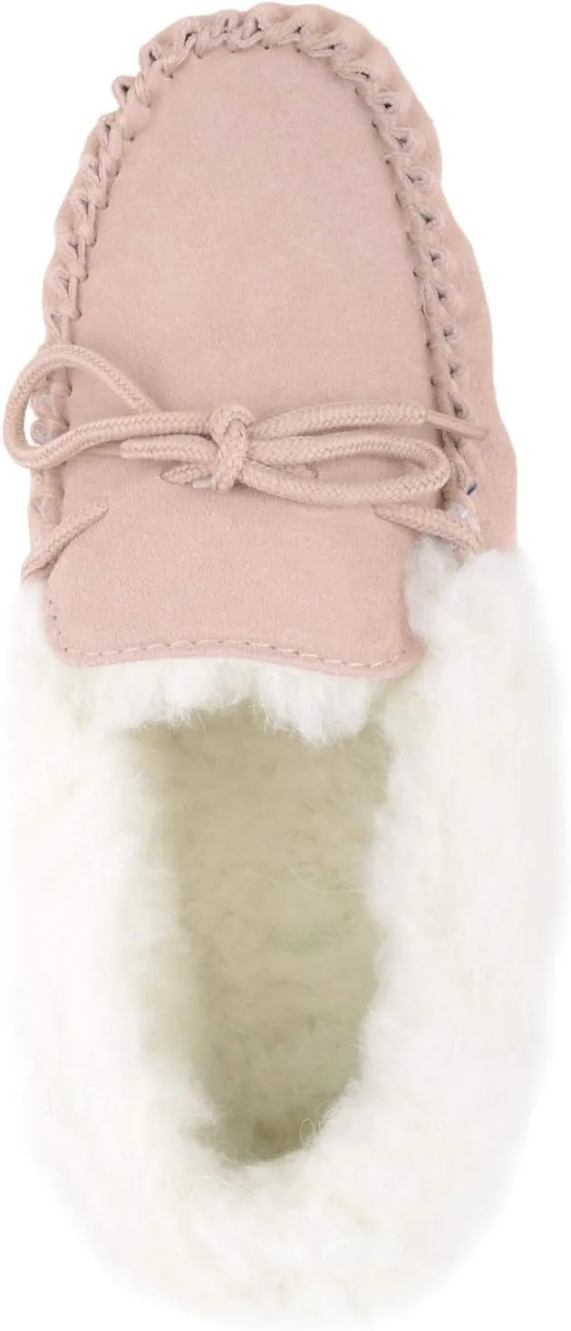 SNUGRUGS Womens Dark Brown Wool Lined Moccasin Slippers with Rubber Sole.