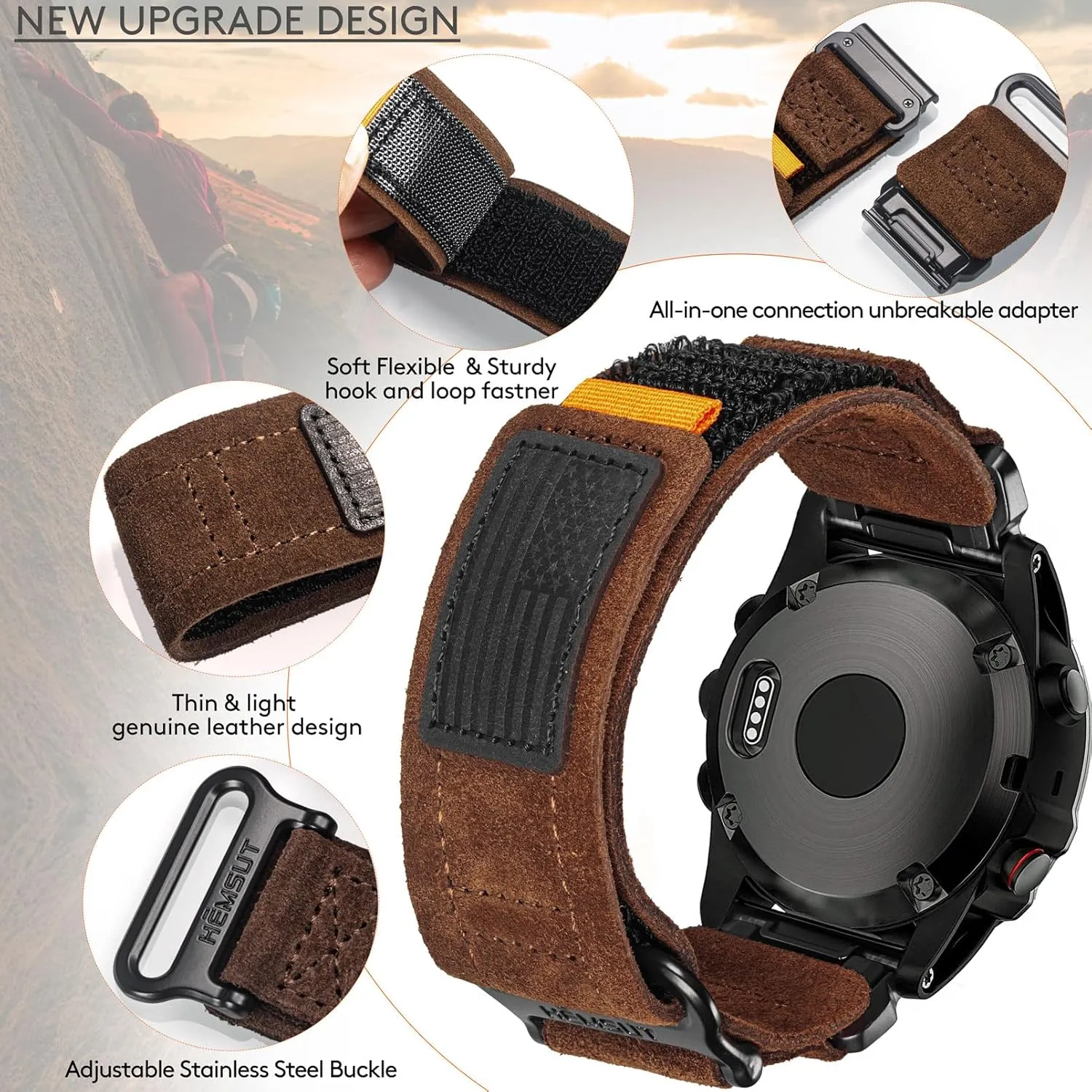 Soft Suede Leather Watch Band, 26mm Military Strap Compatible with Garmin Instinct 3 50mm/Fenix 8 51mm/7X/7X Pro/6X/6X Pro/5X/5X Plus, Tactix 7 Pro/ Delta, Quatix 6X/5X, Descent MK1/MK2, Instinct 2X, Foretrex 601/701, Enduro /Enduro 2/ Enduro 3, D2
