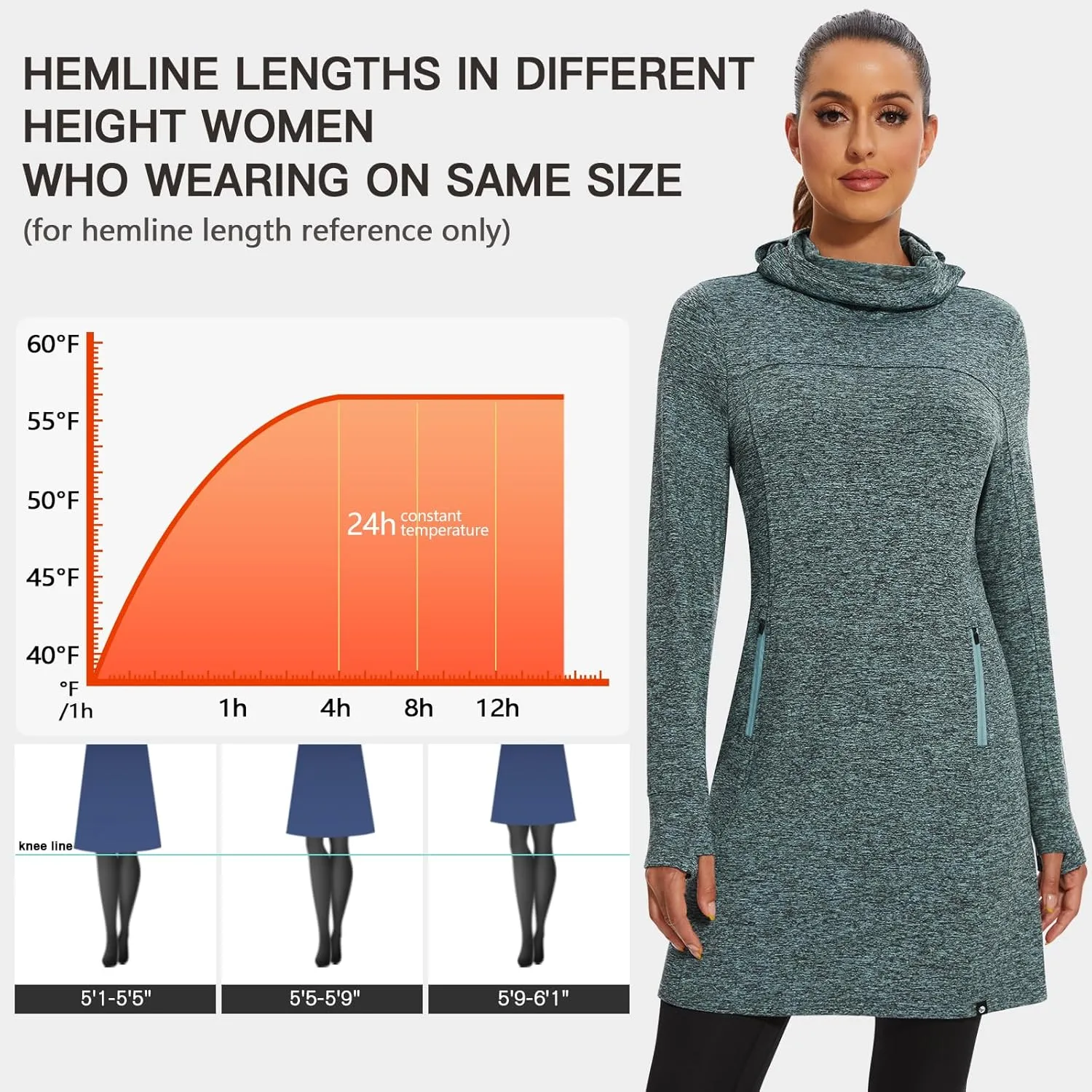 Soneven Women's Fleece Dress Running Thermal Sweatshirts Dresses Winter Skiing Athletic Pullover with Thumb Holes and Pockets