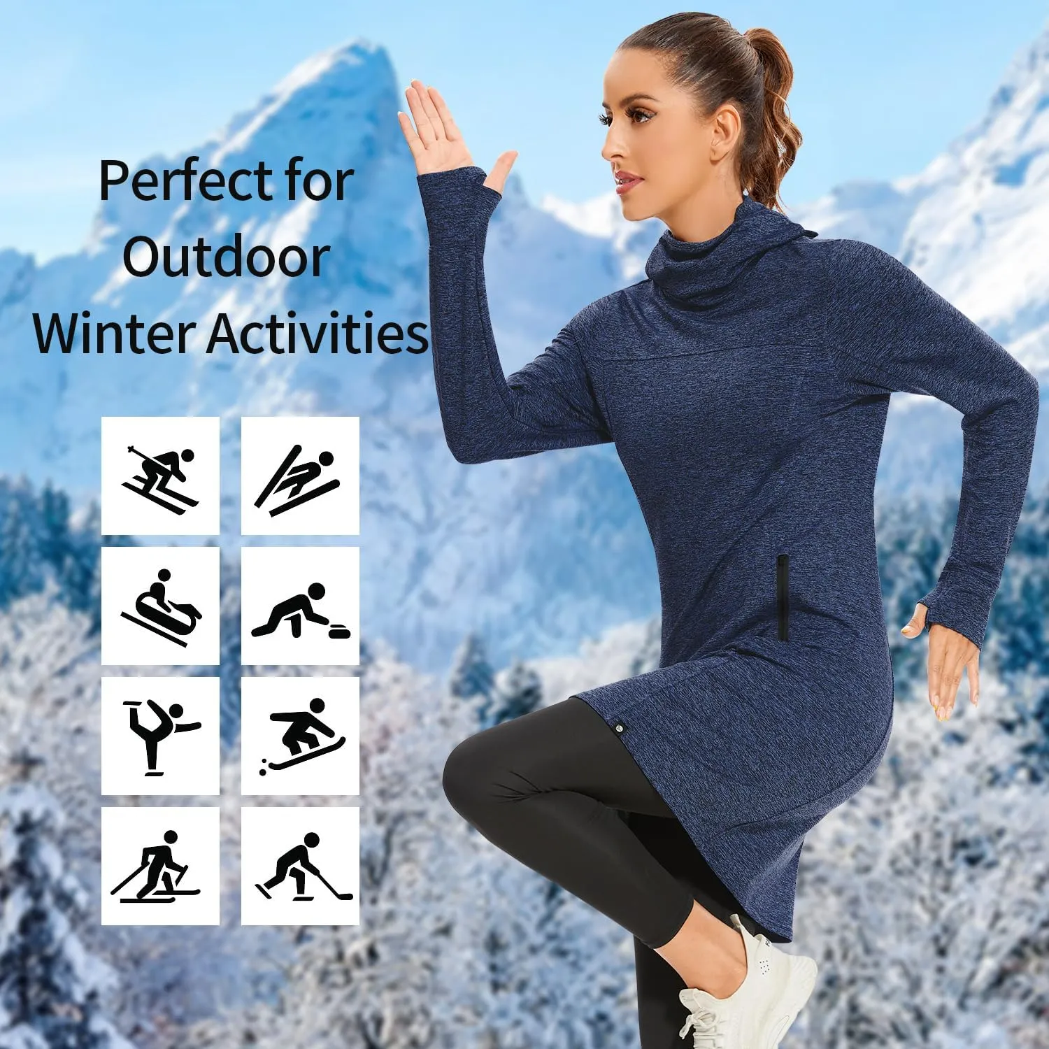 Soneven Women's Fleece Dress Running Thermal Sweatshirts Dresses Winter Skiing Athletic Pullover with Thumb Holes and Pockets