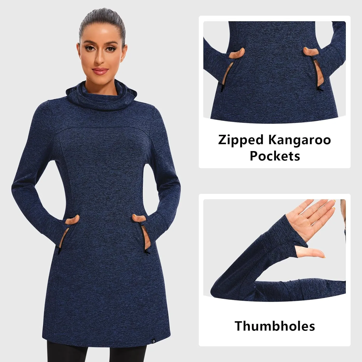 Soneven Women's Fleece Dress Running Thermal Sweatshirts Dresses Winter Skiing Athletic Pullover with Thumb Holes and Pockets