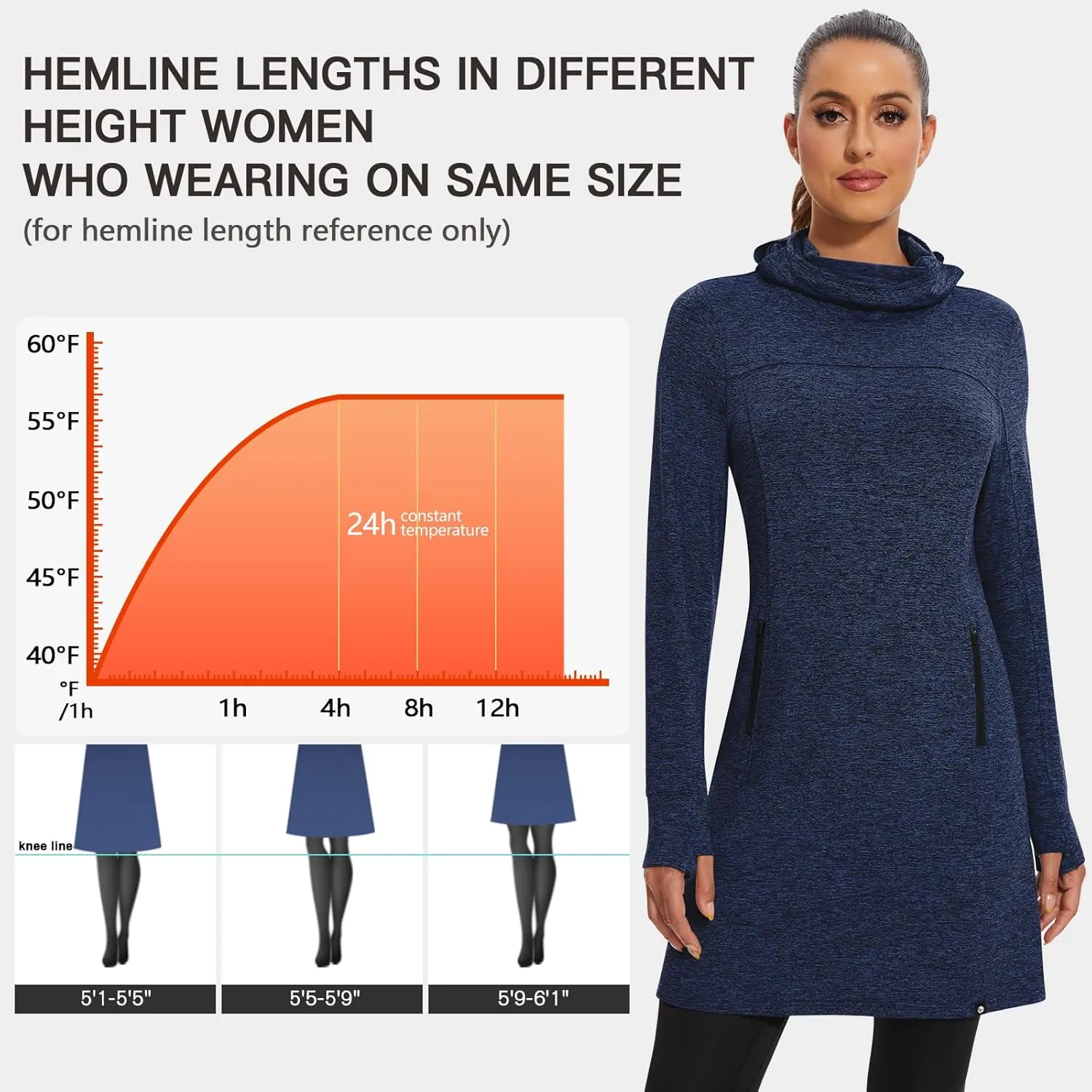 Soneven Women's Fleece Dress Running Thermal Sweatshirts Dresses Winter Skiing Athletic Pullover with Thumb Holes and Pockets