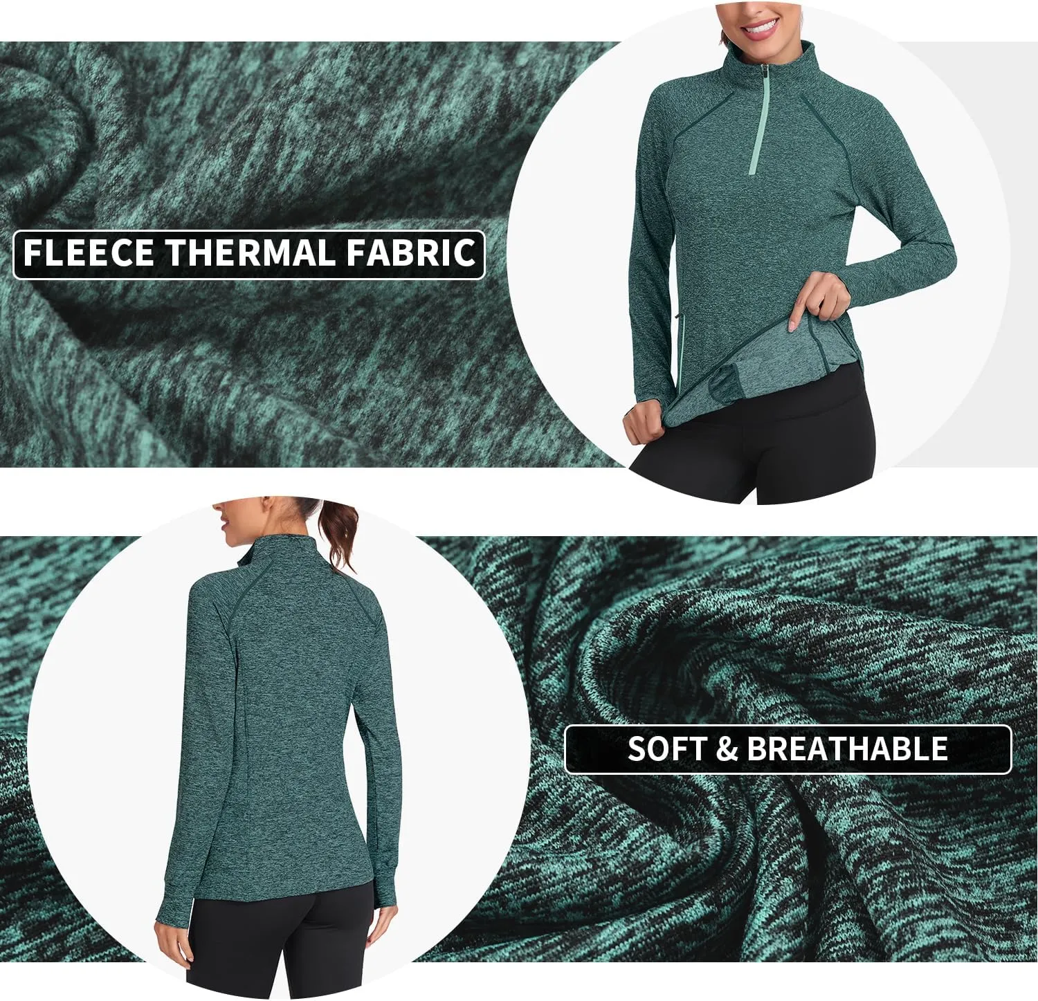 Soneven Women's Thermal Fleece Running Shirts Warm Winter Pullover Cold Weather Workout Hiking Tops with Thumb Holes Pockets