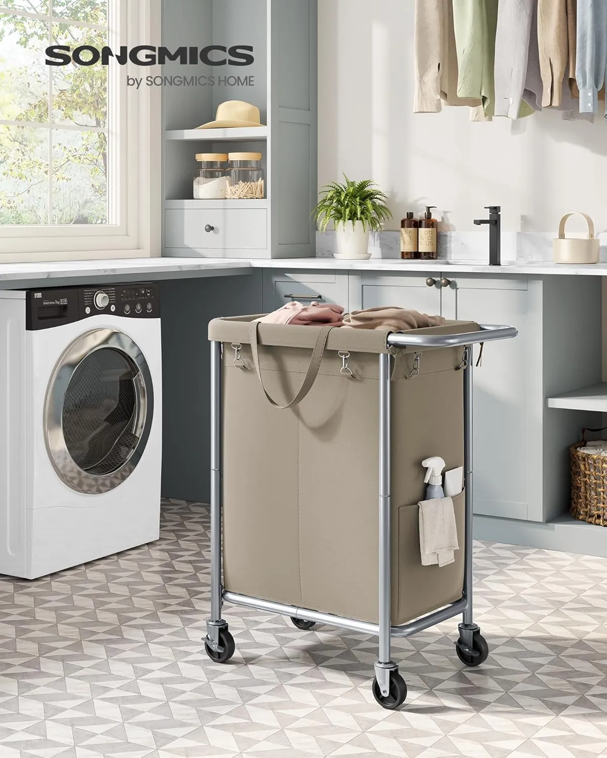 SONGMICS Laundry Basket with Wheels, 2-Section Rolling Laundry Hamper, 37 Gallons (140 L), Removable Liner, Steel Frame with Handle, Blanket Storage, 27.2 x 15.4 x 31.9 Inches, Camel Brown URLS004N01