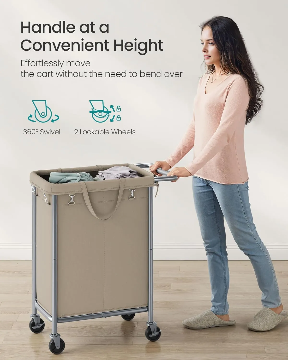 SONGMICS Laundry Basket with Wheels, 2-Section Rolling Laundry Hamper, 37 Gallons (140 L), Removable Liner, Steel Frame with Handle, Blanket Storage, 27.2 x 15.4 x 31.9 Inches, Camel Brown URLS004N01