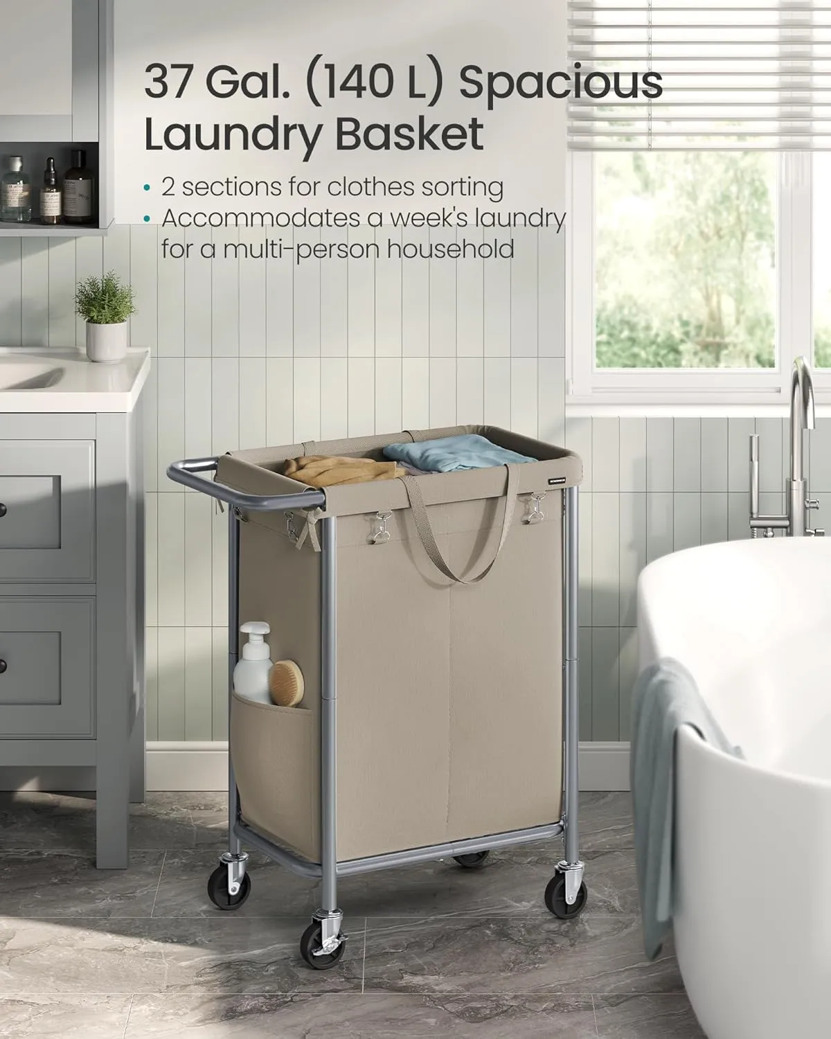 SONGMICS Laundry Basket with Wheels, 2-Section Rolling Laundry Hamper, 37 Gallons (140 L), Removable Liner, Steel Frame with Handle, Blanket Storage, 27.2 x 15.4 x 31.9 Inches, Camel Brown URLS004N01