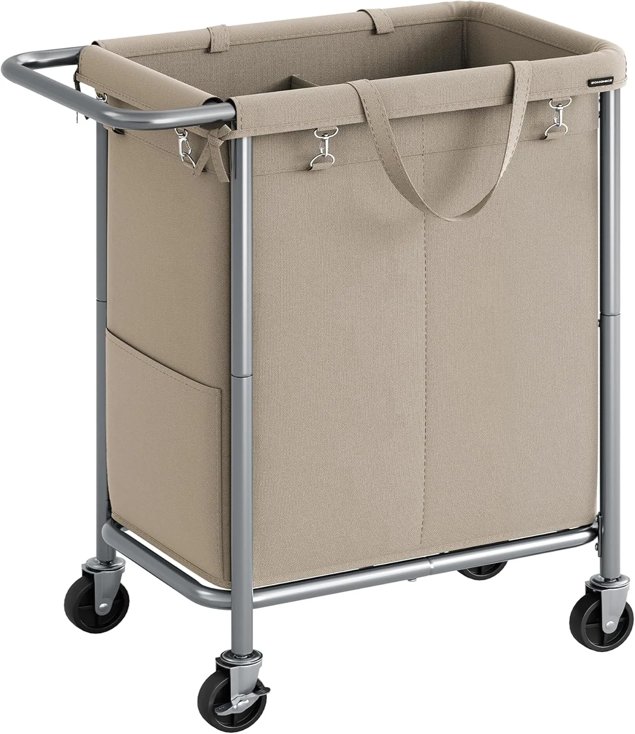 SONGMICS Laundry Basket with Wheels, 2-Section Rolling Laundry Hamper, 37 Gallons (140 L), Removable Liner, Steel Frame with Handle, Blanket Storage, 27.2 x 15.4 x 31.9 Inches, Camel Brown URLS004N01