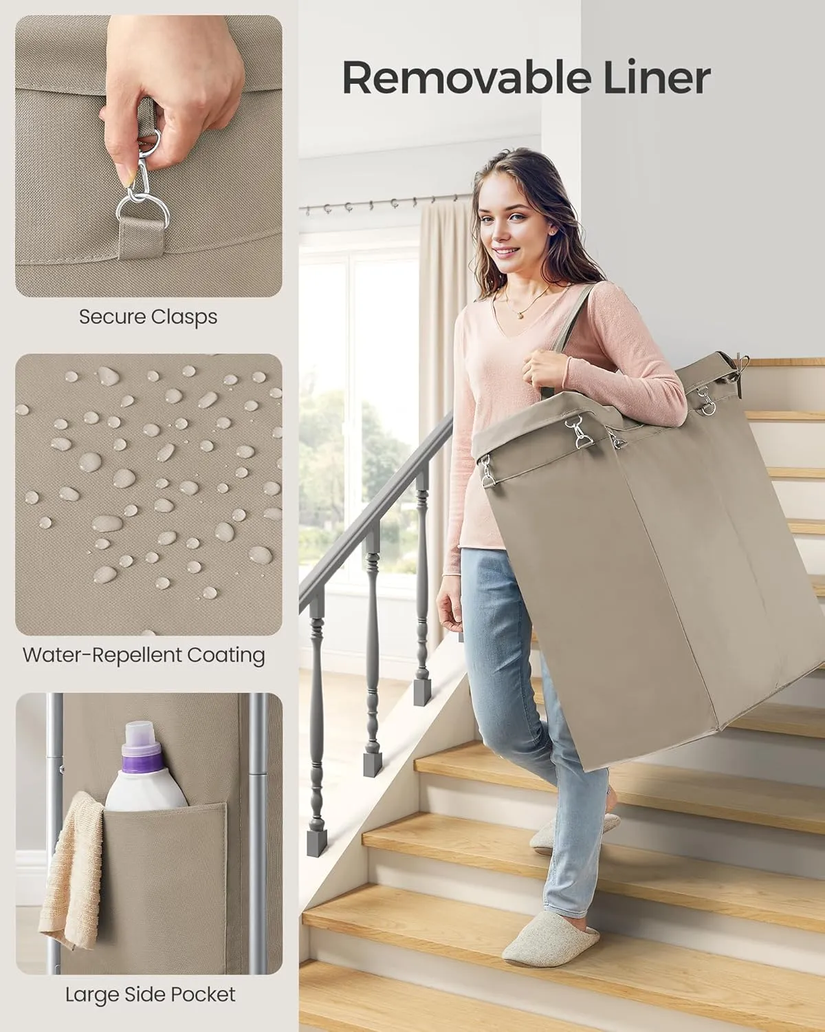 SONGMICS Laundry Basket with Wheels, 2-Section Rolling Laundry Hamper, 37 Gallons (140 L), Removable Liner, Steel Frame with Handle, Blanket Storage, 27.2 x 15.4 x 31.9 Inches, Camel Brown URLS004N01