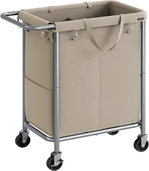 SONGMICS Laundry Basket with Wheels, 2-Section Rolling Laundry Hamper, 37 Gallons (140 L), Removable Liner, Steel Frame with Handle, Blanket Storage, 27.2 x 15.4 x 31.9 Inches, Camel Brown URLS004N01