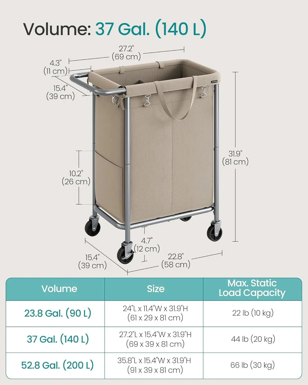 SONGMICS Laundry Basket with Wheels, 2-Section Rolling Laundry Hamper, 37 Gallons (140 L), Removable Liner, Steel Frame with Handle, Blanket Storage, 27.2 x 15.4 x 31.9 Inches, Camel Brown URLS004N01